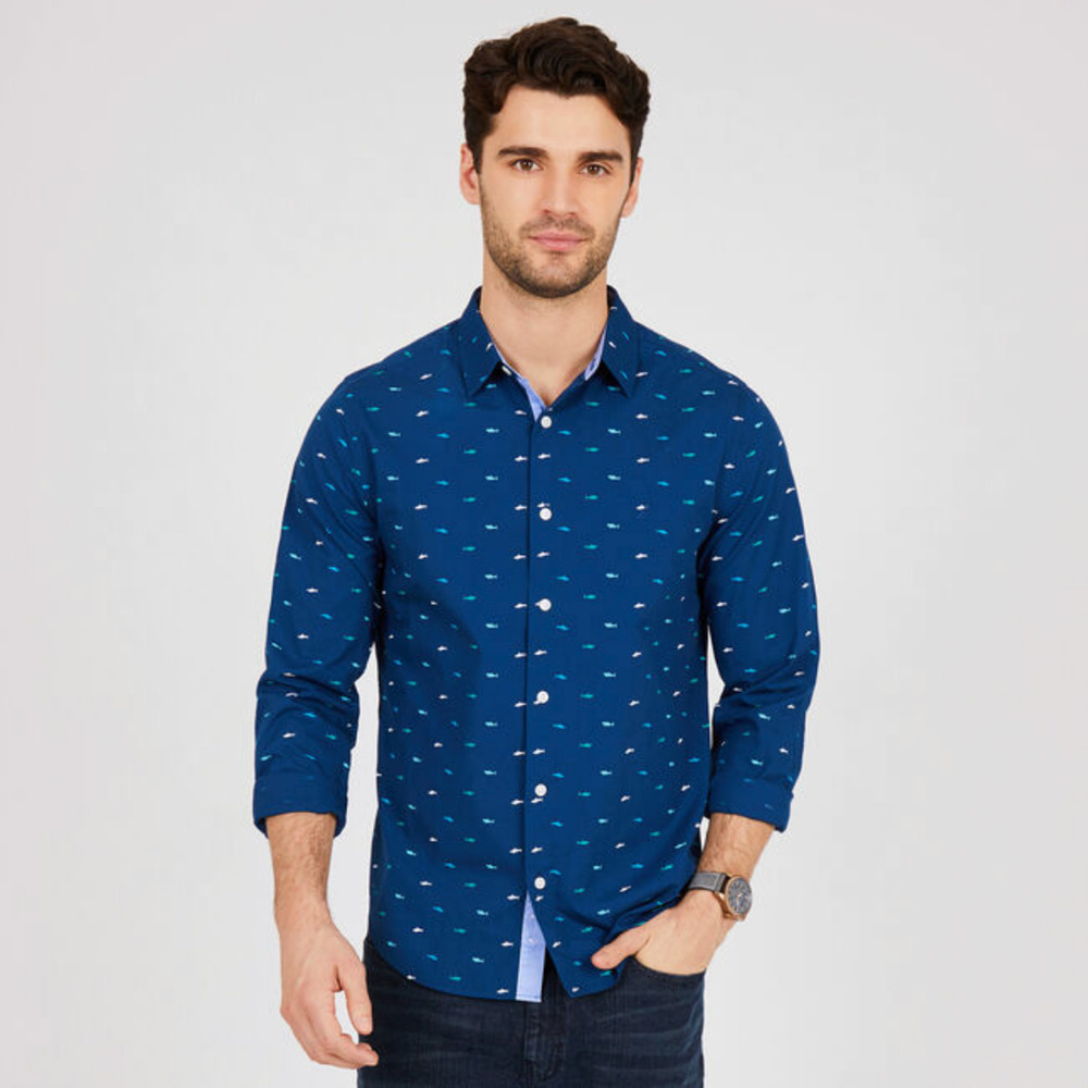 Nautica Size 3XL Slim Fit Shark Motif Long Sleeve Button Down Shirt Blue Cotton